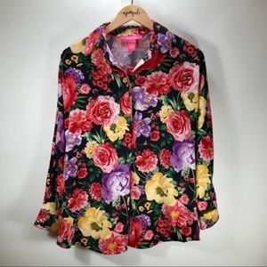 Catherine Malandrino Oversized Bright Floral Long Sleeve Blouse Top Pink Size XS